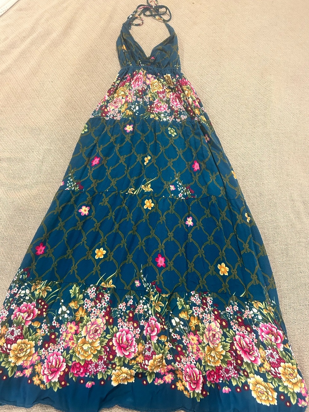 Teal Floral Maxi Dress with Halter Neck